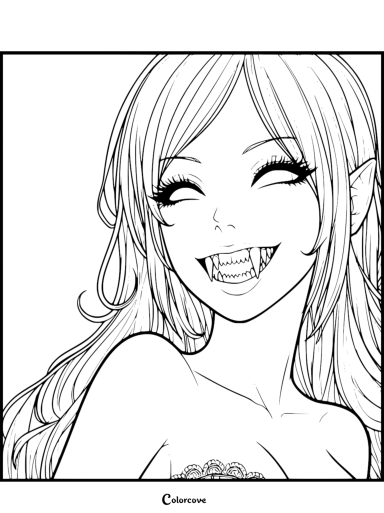 Smiling anime vampire girl coloring page with long hair, fangs, and elf-like ears. Free printable at colorcove.org.