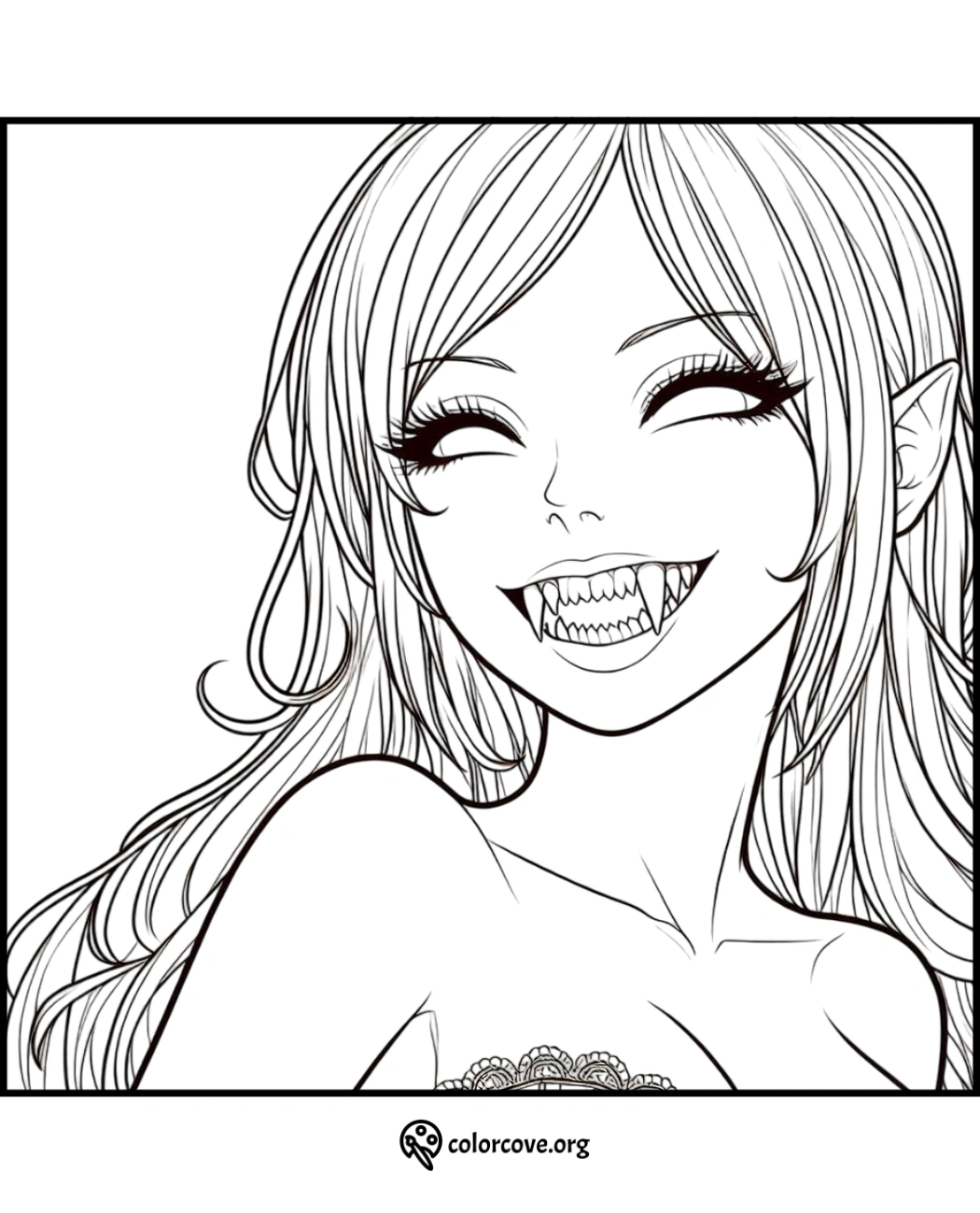 Smiling anime vampire girl coloring page with long hair, fangs, and elf-like ears. Free printable at colorcove.org.