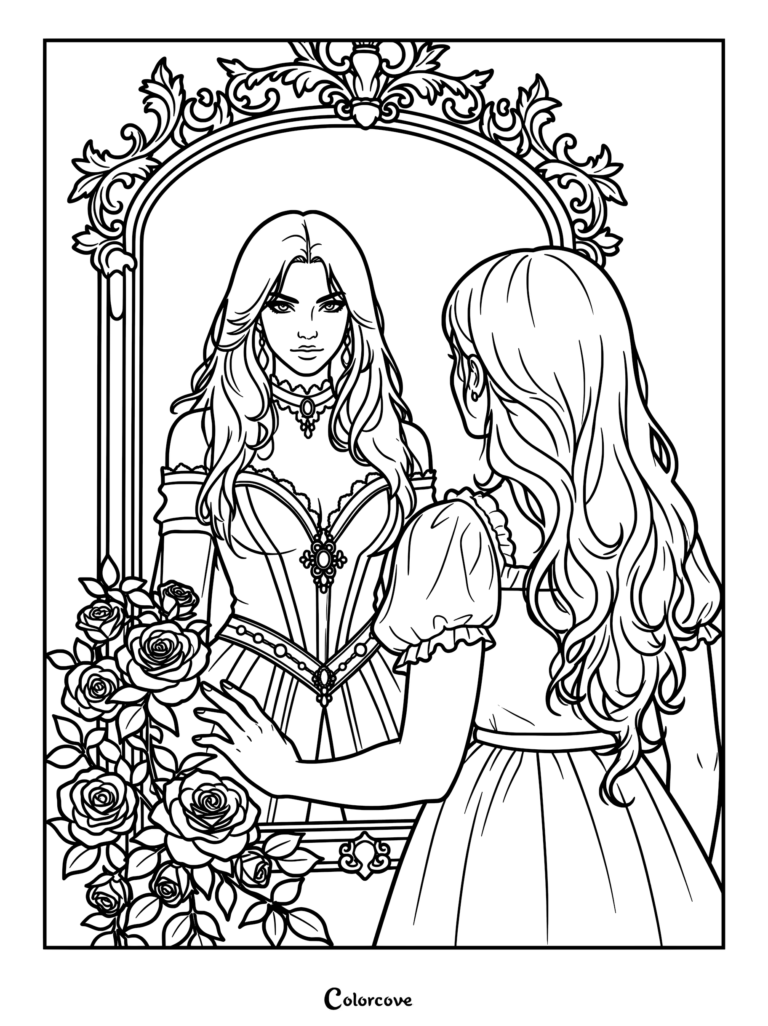 A vampire lady with long wavy hair touching an ornate mirror reflecting her elegant gown, roses at the base, printable coloring page.