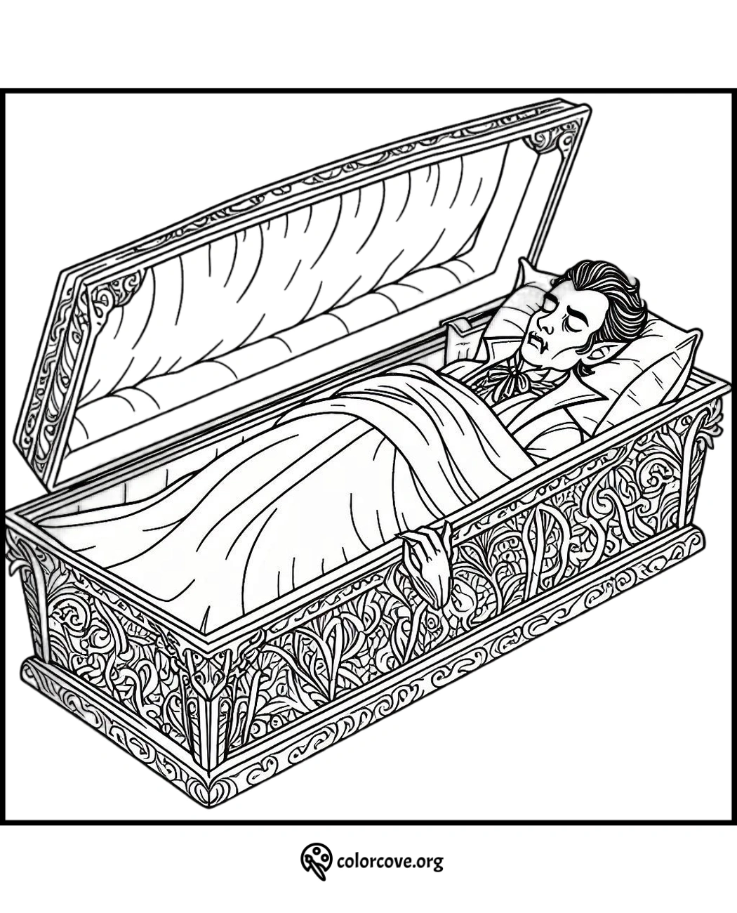 Vampire in an ornate coffin coloring page, ideal for Halloween-themed coloring activities. Printable spooky fun for kids.