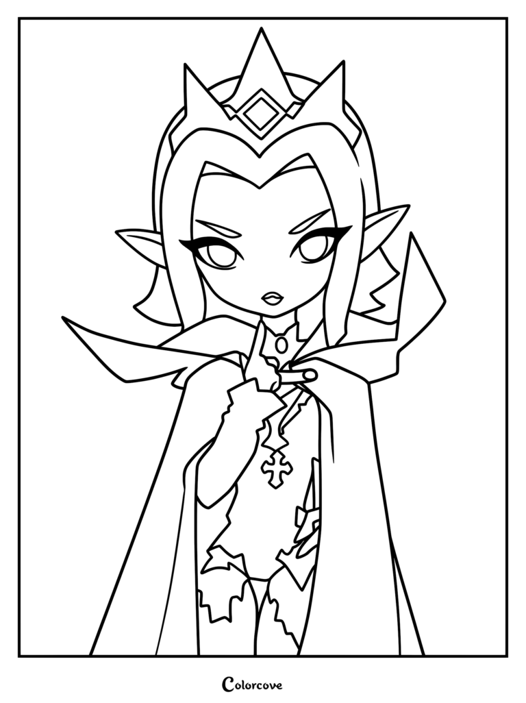 A chibi vampire queen wearing a crown and cape holding a finger to her lips in a hush gesture, line art coloring page.