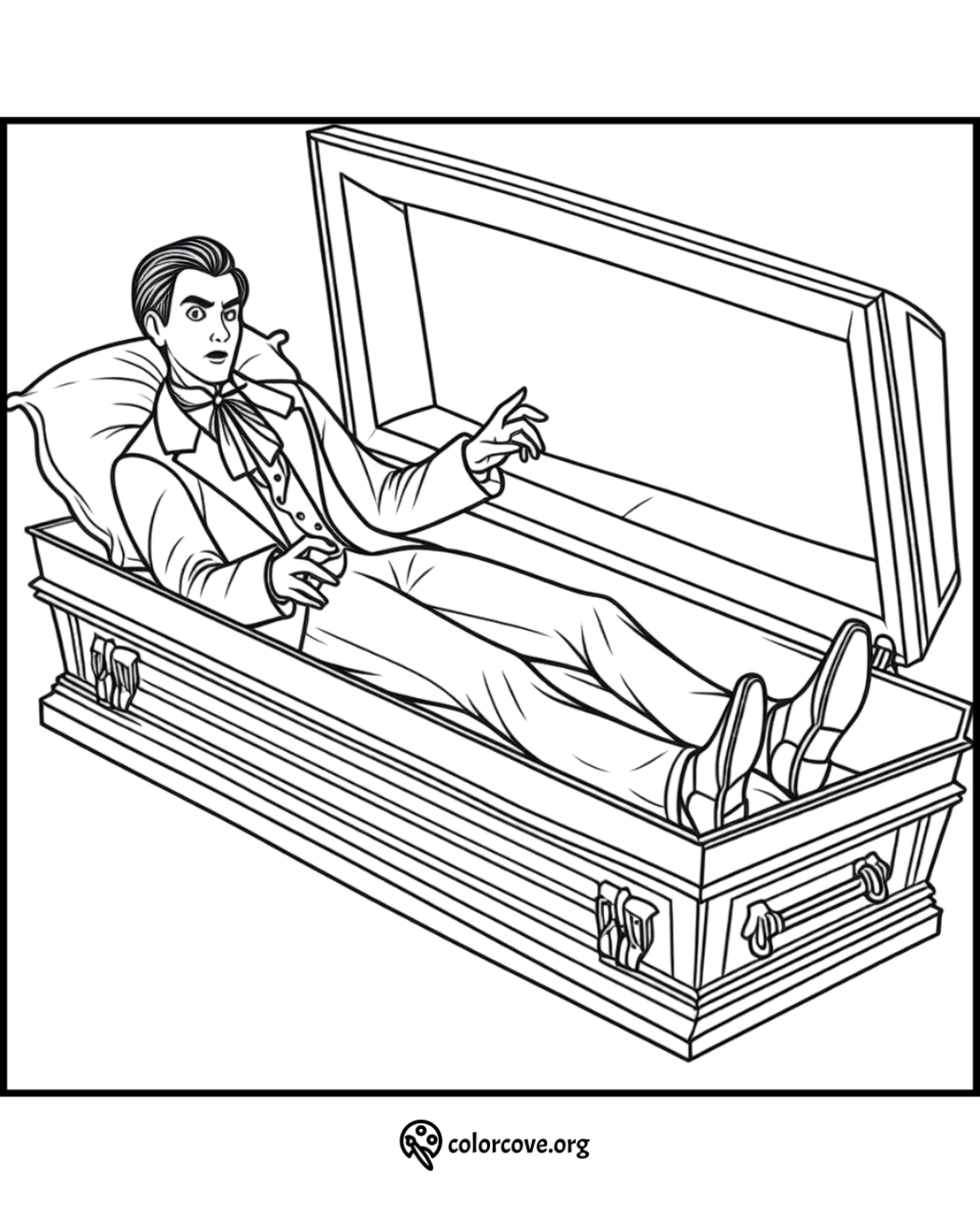 Printable vampire coloring page featuring a vampire in a coffin. Download and color for Halloween fun!