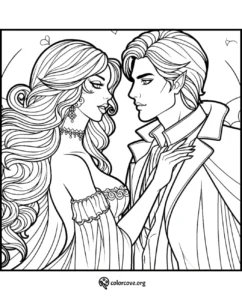 Romantic couple coloring page featuring a man and woman in an elegant embrace, available at colorcove.org.