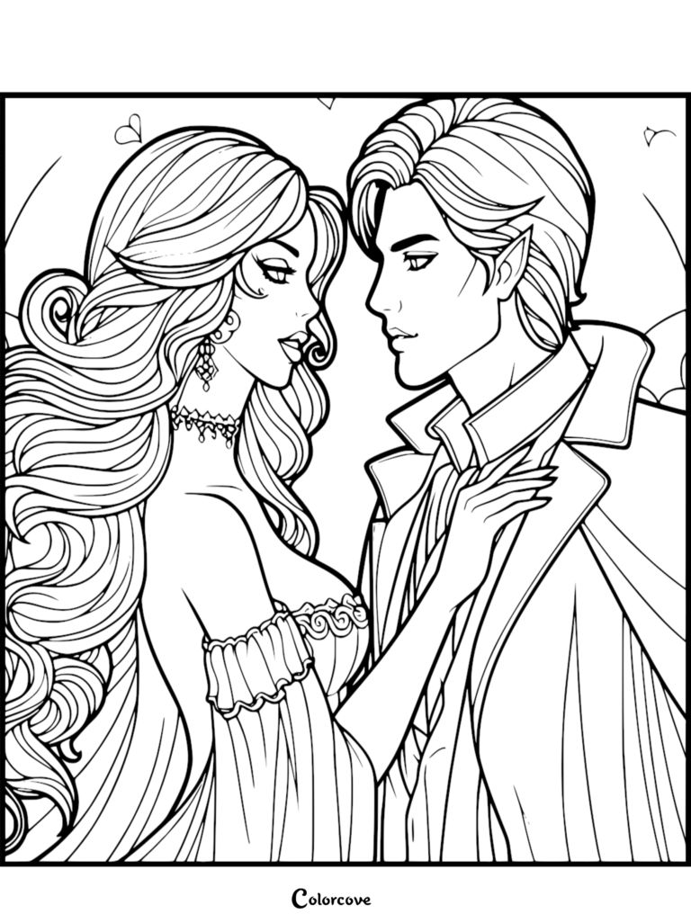 A romantic vampire couple gazing into each other's eyes in this detailed vampire coloring page.