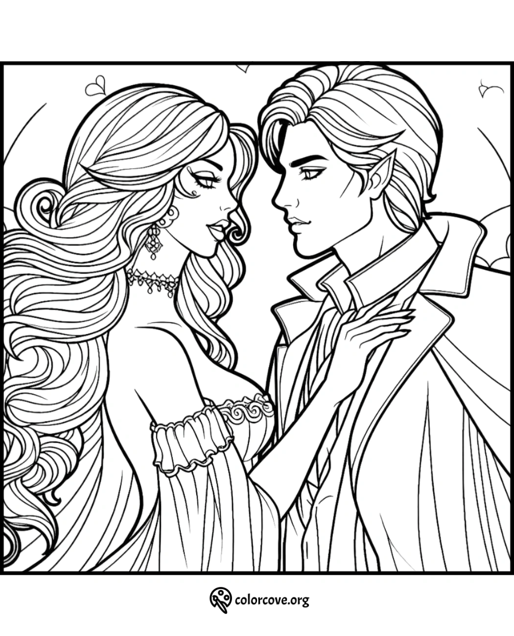 Romantic couple coloring page featuring a man and woman in an elegant embrace, available at colorcove.org.