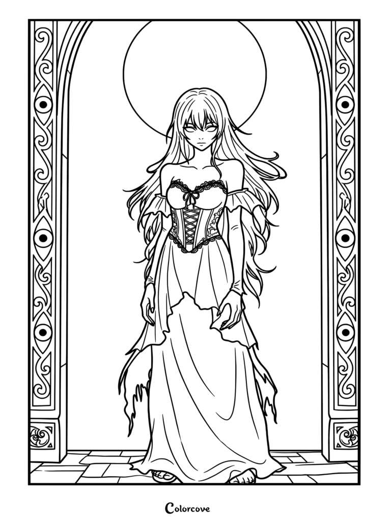A gothic vampire queen with long flowing hair wearing a corset dress standing in an arched doorway, printable coloring page.