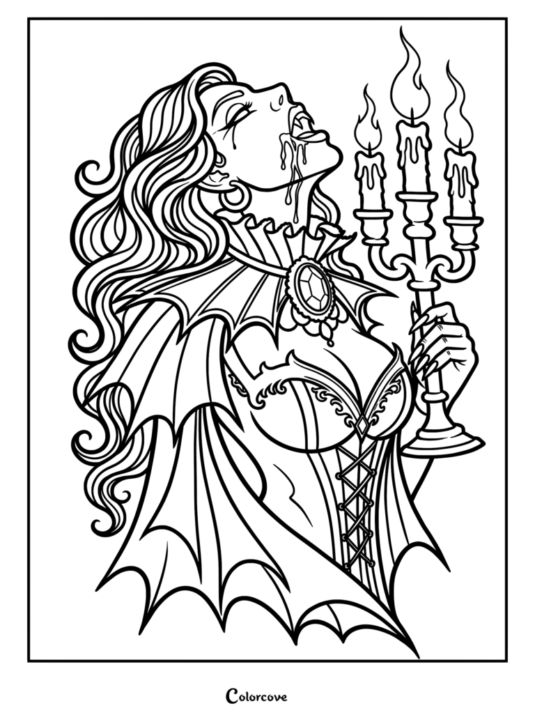 A gothic vampire queen wearing a corset and cape holding a three-flame candelabra, detailed line art coloring page.