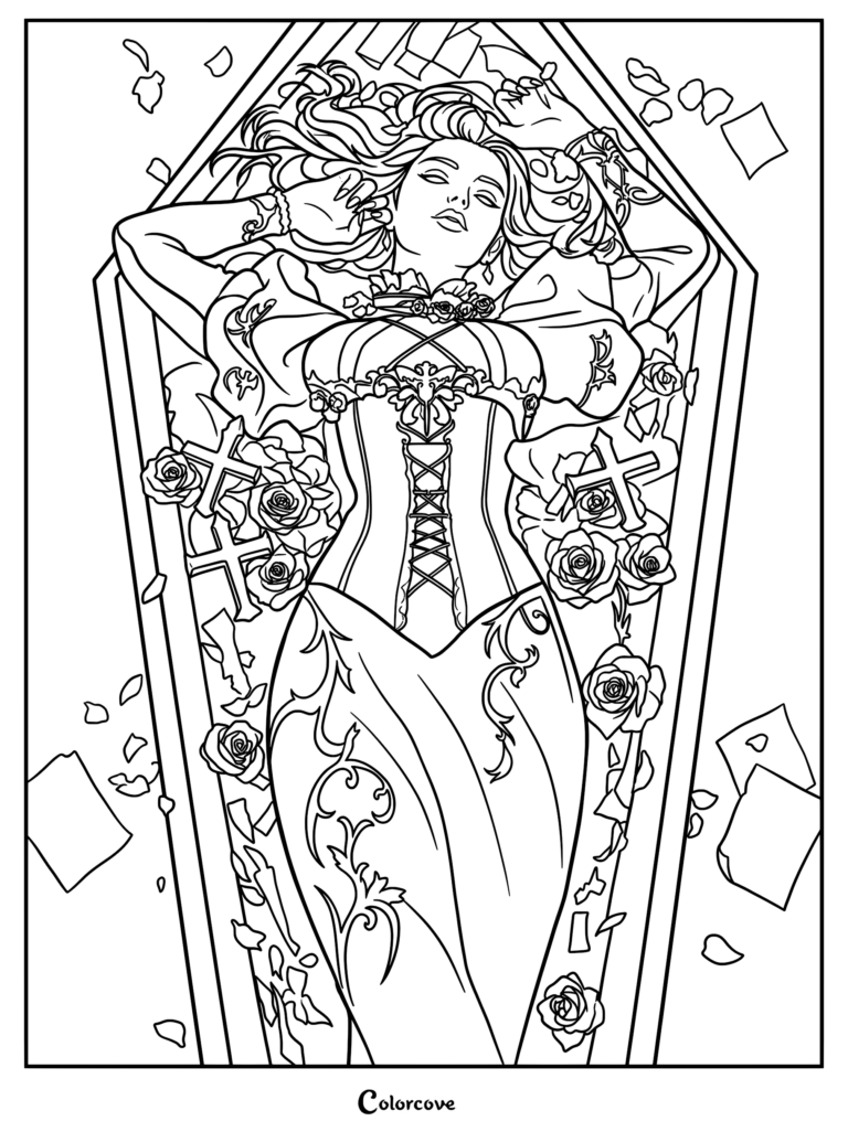 A gothic vampire queen wearing a corset dress lying in a coffin surrounded by roses and crosses in this detailed coloring page.