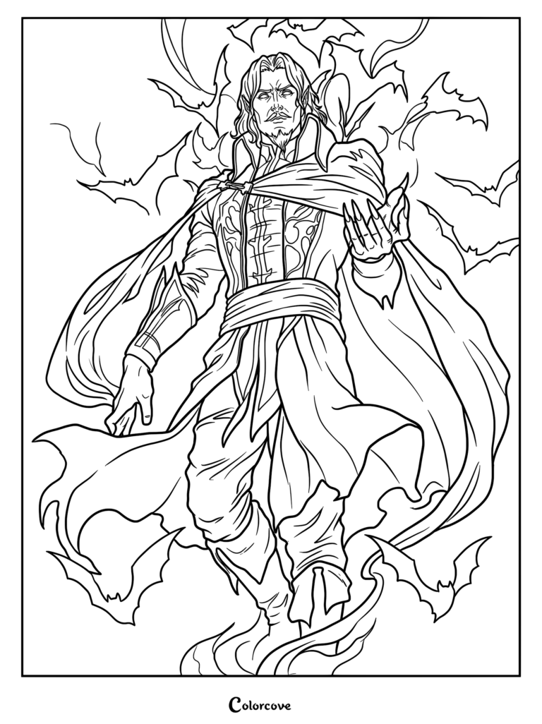 Dracula with long hair and a flowing cape standing amidst a swarm of flying bats in this detailed vampire coloring page.