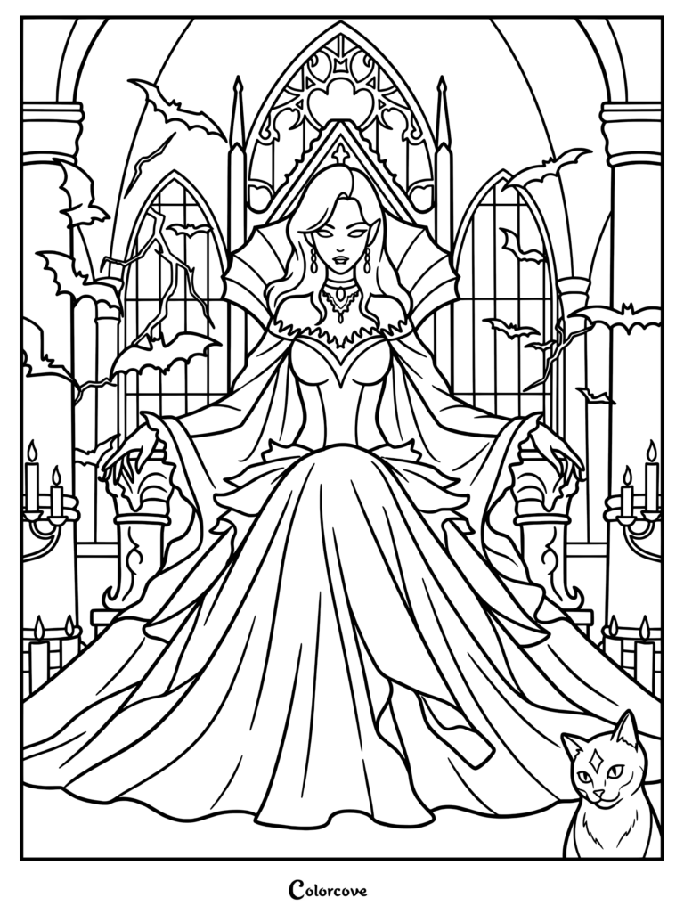 Vampire Queen sitting on a gothic throne with bats and a cat in a coloring page style line art.