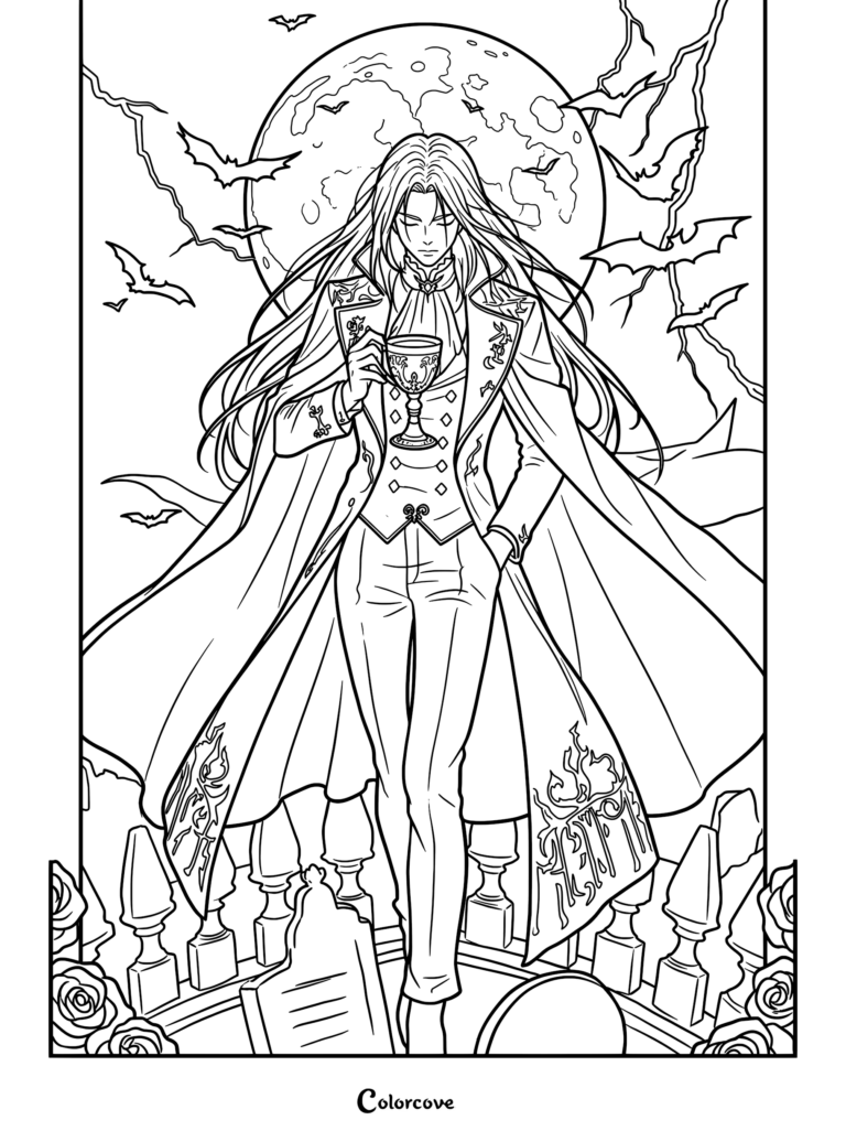 A long-haired vampire nobleman in an ornate coat holding a chalice in a graveyard under a full moon, detailed line art coloring page.