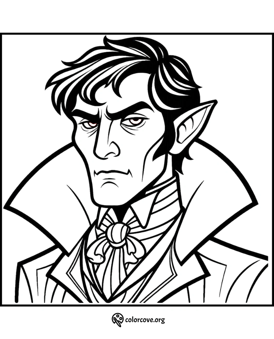 Black and white vampire coloring page with sinister expression and detailed outfit. Perfect for Halloween-themed activities.