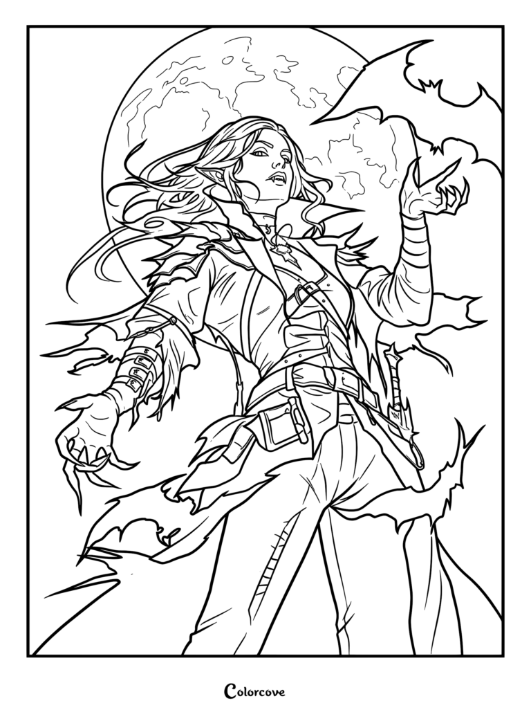 A female vampire hunter with long hair and fangs standing before a full moon, casting a spell with a bat silhouette, line art coloring page.