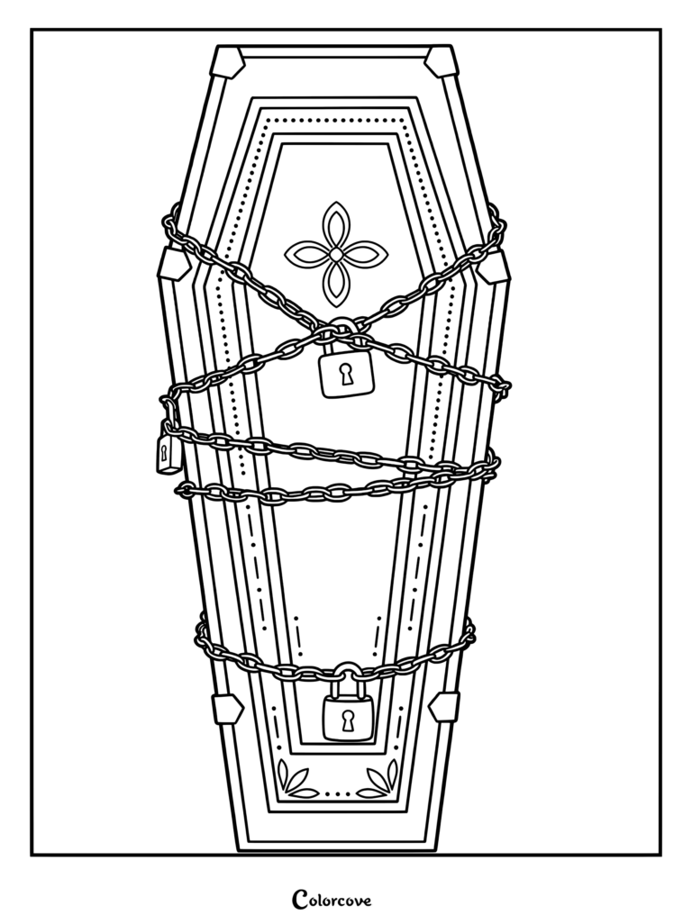 A detailed coloring page of a gothic vampire coffin wrapped in heavy metal chains and secured with two padlocks.