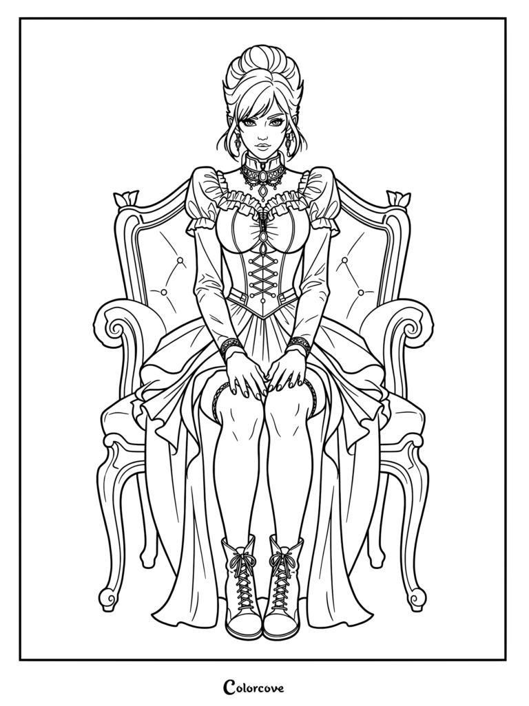 A detailed coloring page of a beautiful vampire queen sitting regally on an ornate armchair.