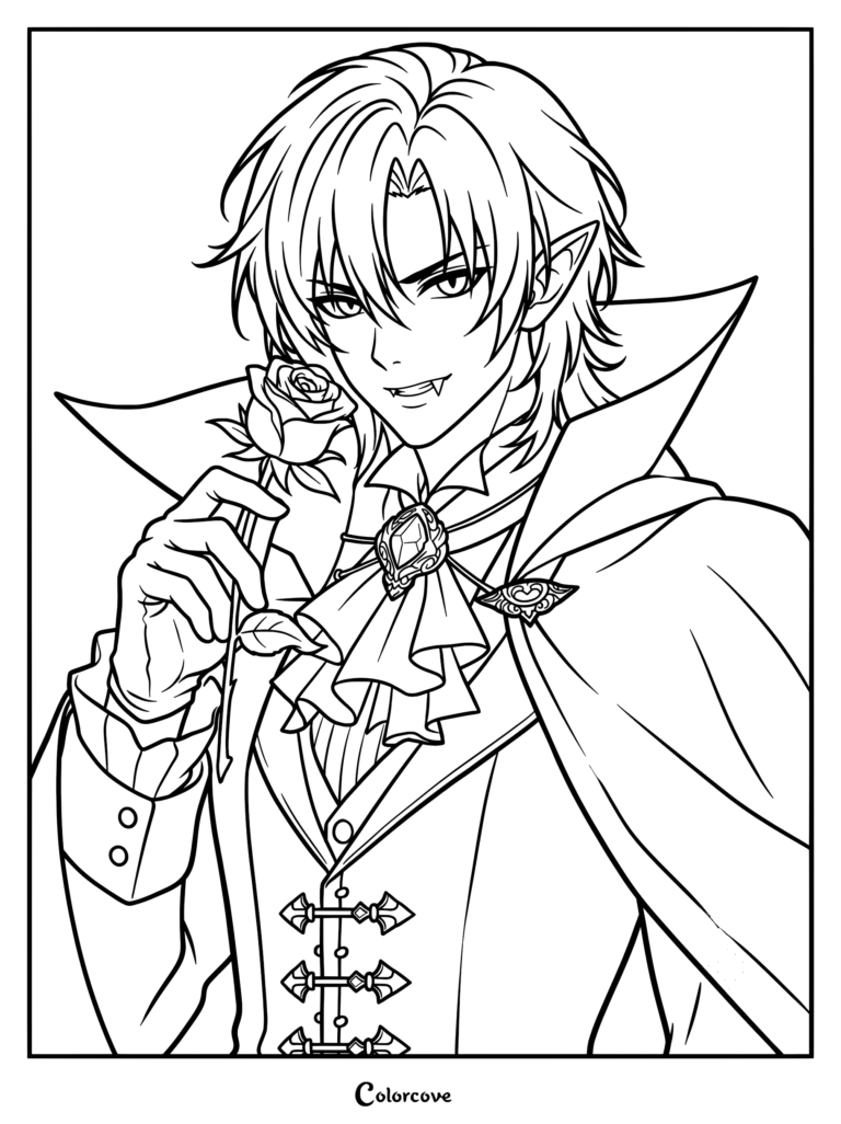 Anime vampire with pointed ears and fangs holding a single rose in a coloring page style line art illustration.