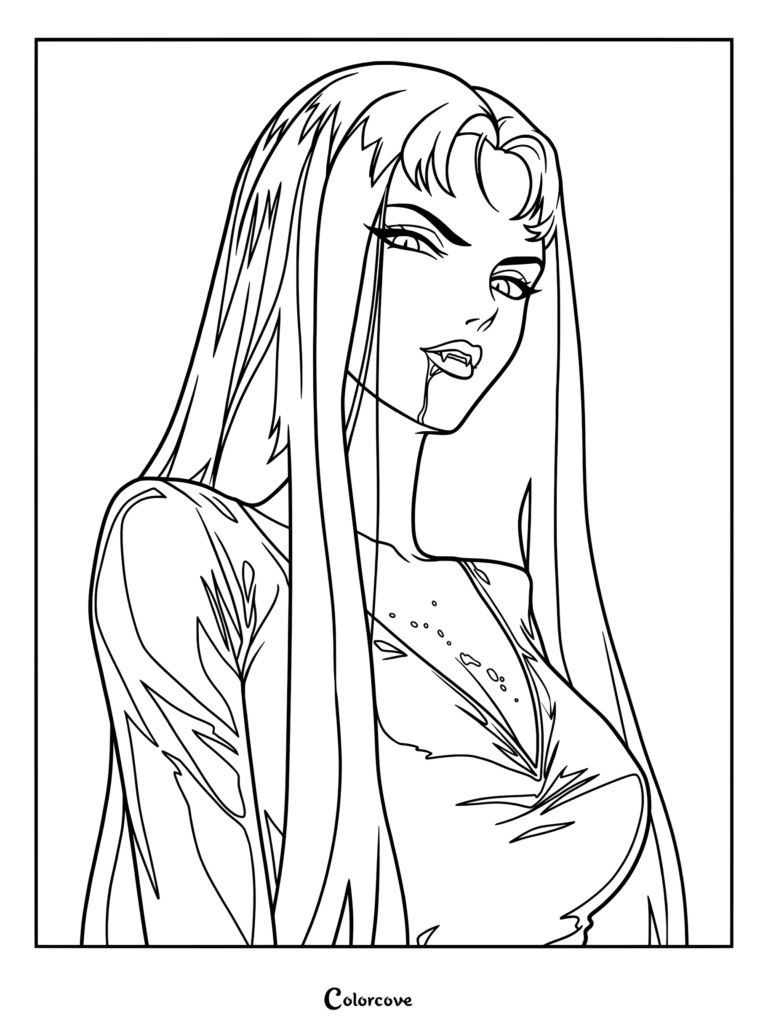 A detailed coloring page of a long-haired vampire woman with sharp fangs and a drop of blood on her chin.
