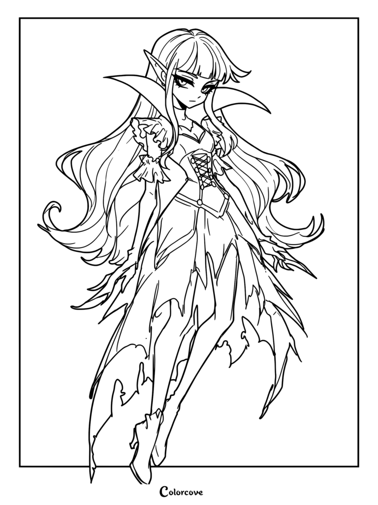 Anime vampire girl with long hair and tattered dress coloring page