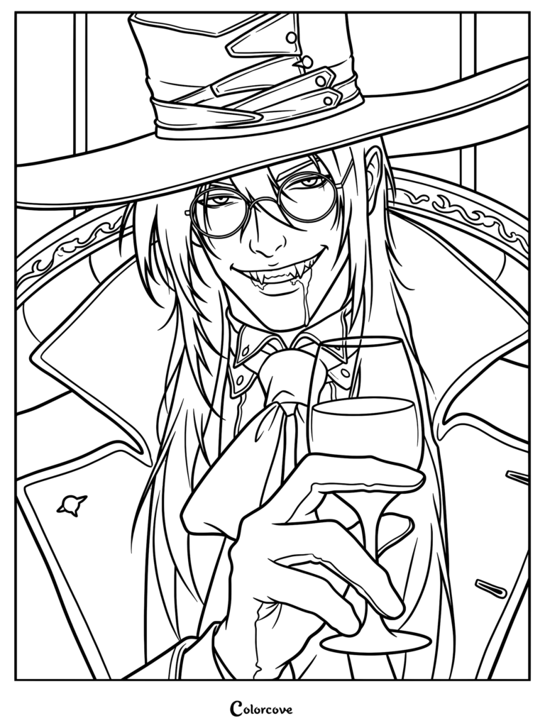 Alucard from Hellsing wearing a wide-brimmed hat and round glasses, holding a wine glass with a sinister smile, detailed line art coloring page.