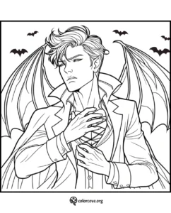 Fantasy vampire character with bat wings and bats in the background coloring page from colorcove.org.