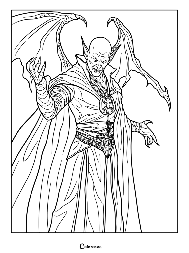 Dracula with large bat wings and ornate pendant in a coloring page style.