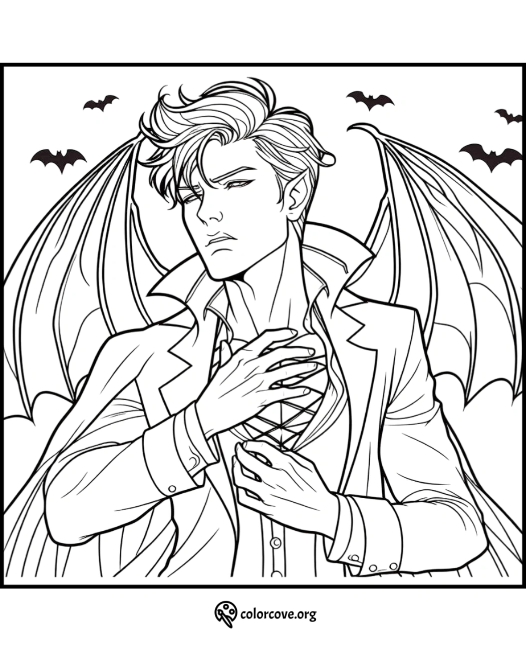 Fantasy vampire character with bat wings and bats in the background coloring page from colorcove.org.