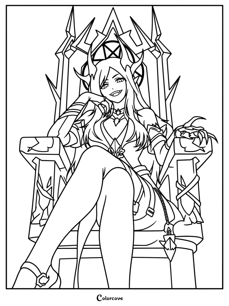 A regal vampire queen with long hair and horns sitting on a spiked throne, coloring page line art.