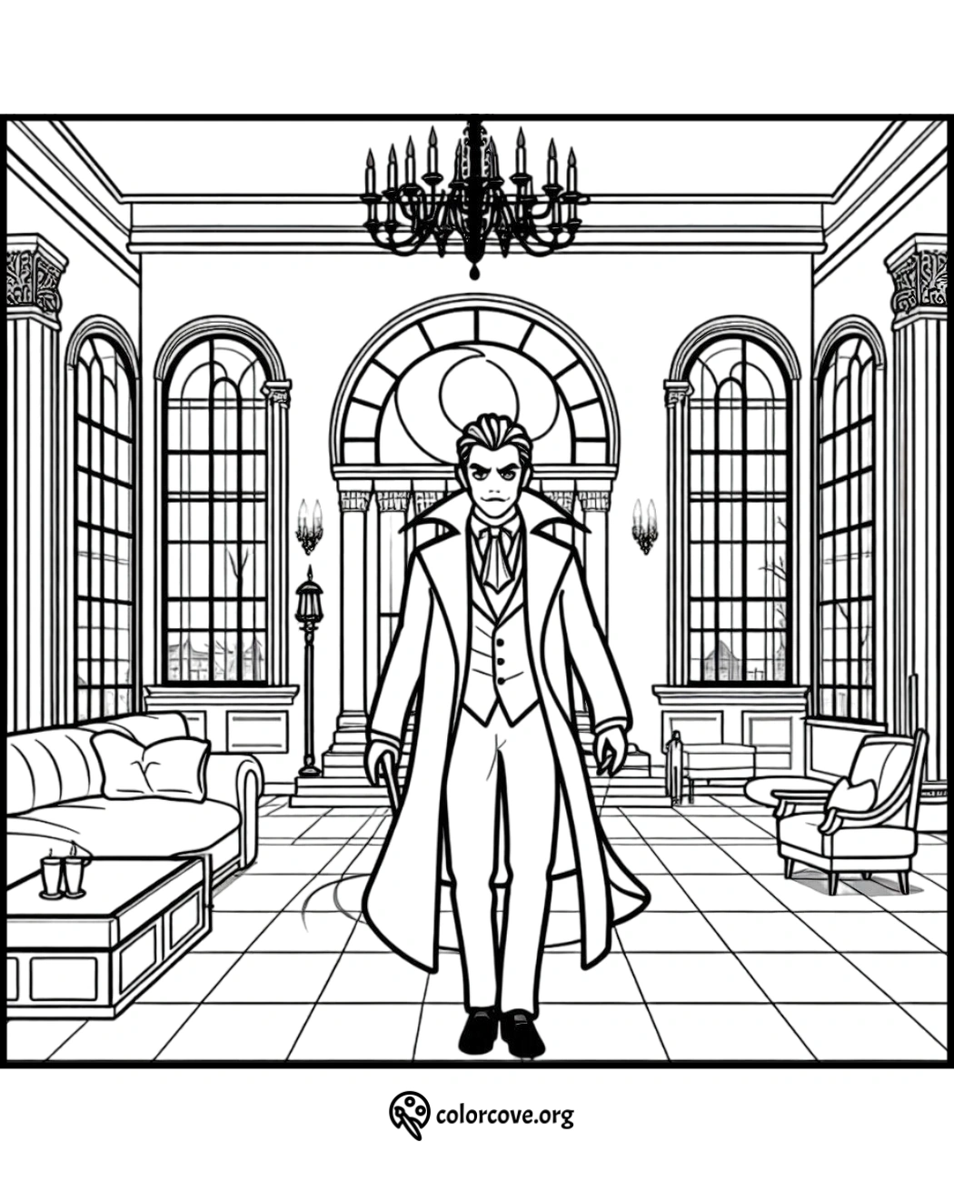 Victorian mansion living room coloring page featuring a character in a suit and coat, with large windows and a chandelier.