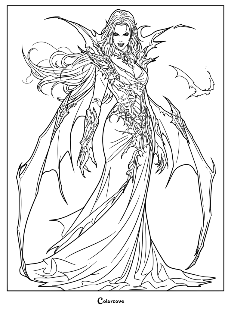 A beautiful vampire queen in a gothic gown with wing-like cape attachments standing next to a small bat.