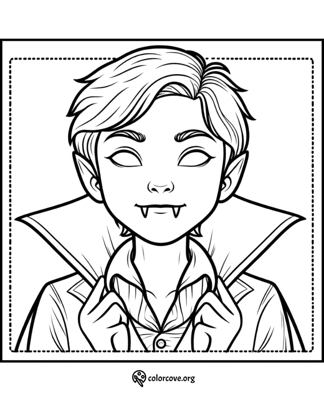 Vampire coloring page for kids featuring a young vampire with fangs and a high-collared cape. Printable Halloween art.