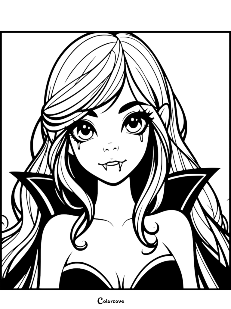 A detailed coloring page featuring a beautiful anime-style vampire girl with long flowing hair, sharp fangs, and a high-collared cape.