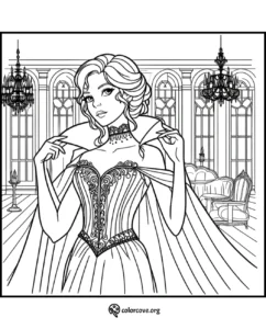 Elegant princess in a detailed ballroom, wearing a decorative gown and cape, ready to be colored. Perfect for kids and adults.