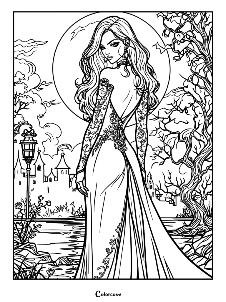 A beautiful vampire woman in a backless lace gown standing before a full moon and gothic castle, detailed line art coloring page.