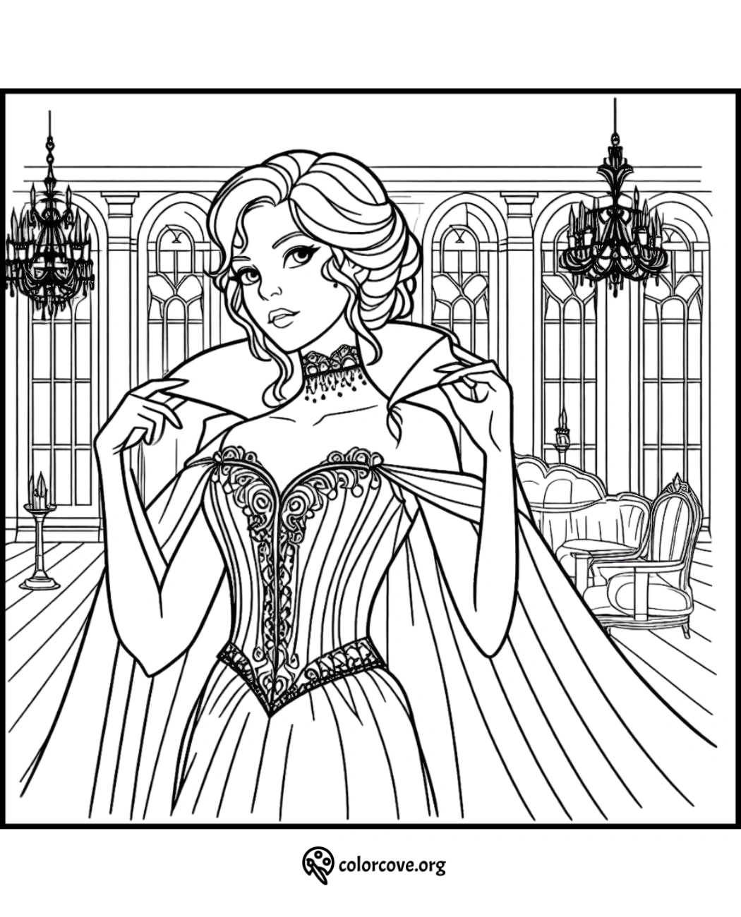 Elegant princess in a detailed ballroom, wearing a decorative gown and cape, ready to be colored. Perfect for kids and adults.