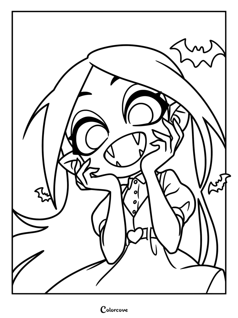 A cute vampire girl with long hair and fangs resting her chin on her hands in this printable coloring page with bats.