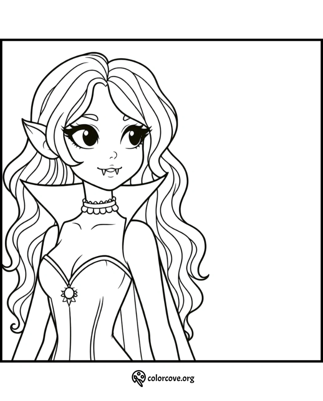 Vampire princess coloring page with long hair, pointed ears, and fangs, dressed in a detailed gown with a necklace.