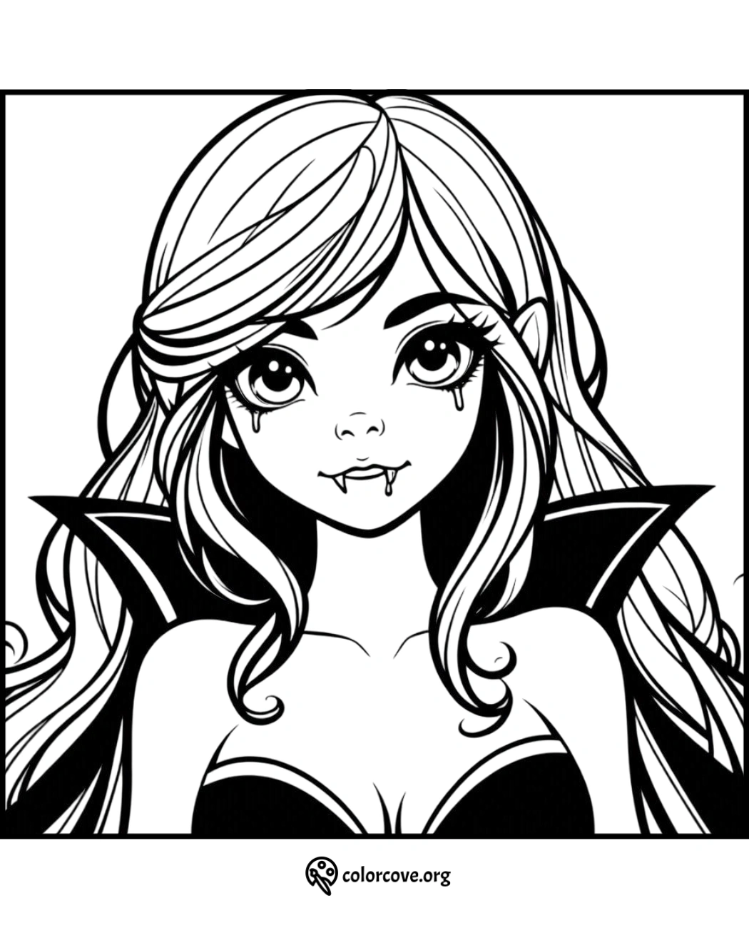 Vampire girl coloring page featuring long hair, fangs, and a bat-winged collar, perfect for Halloween fun.