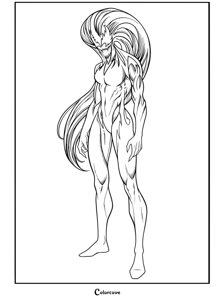 Screaming pink symbiote Agony with long flowing hair and muscular physique standing against white background coloring page for Venom And Symbiote fans