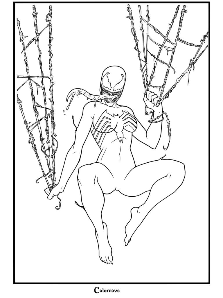 She-Venom coloring page featuring Venom And Symbiote in an action pose hanging from webs.
