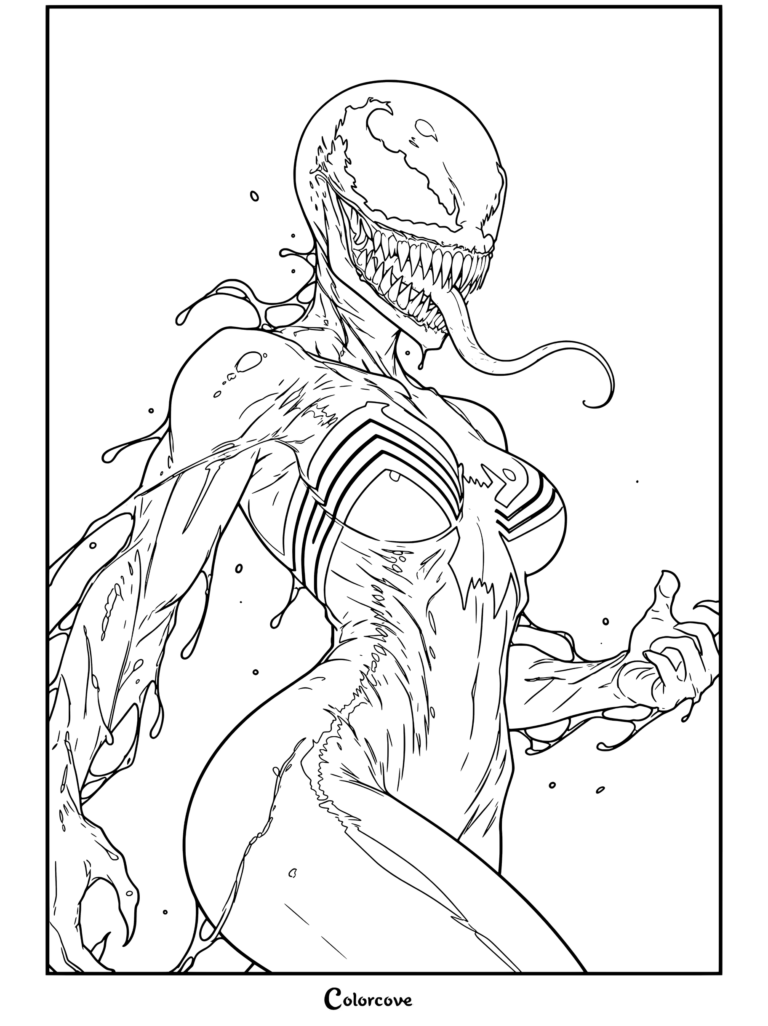 She-venom female symbiote with sharp teeth long tongue and white spider symbol done coloring page featuring Venom And Symbiote.