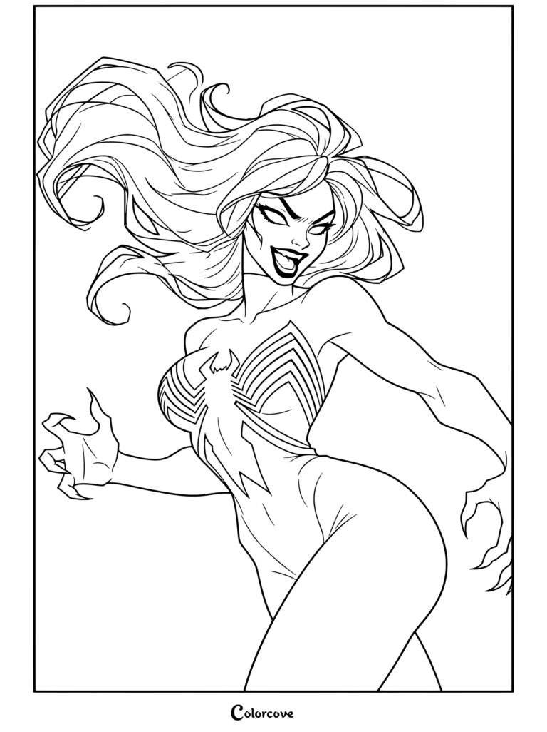 She-venom symbiote character with flowing dark hair, white eyes, and sharp claws in a dynamic comic pose for Venom And Symbiote coloring page