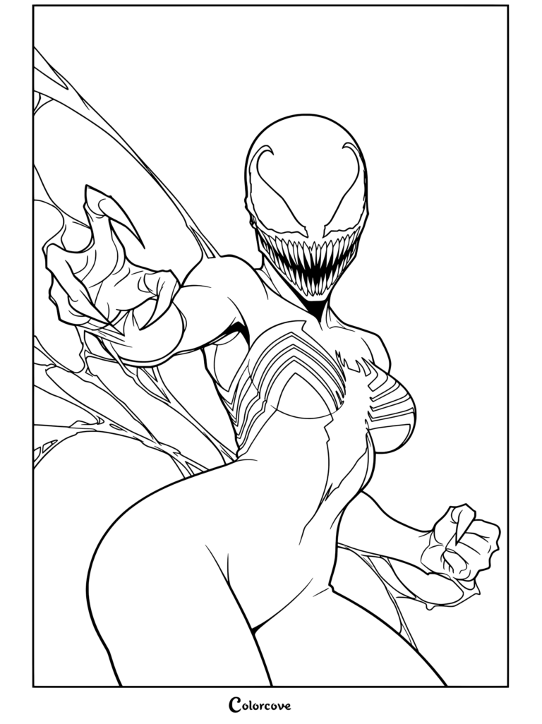 She-Venom symbiote with white spider emblem and sharp claws posing aggressively done coloring page featuring Venom And Symbiote