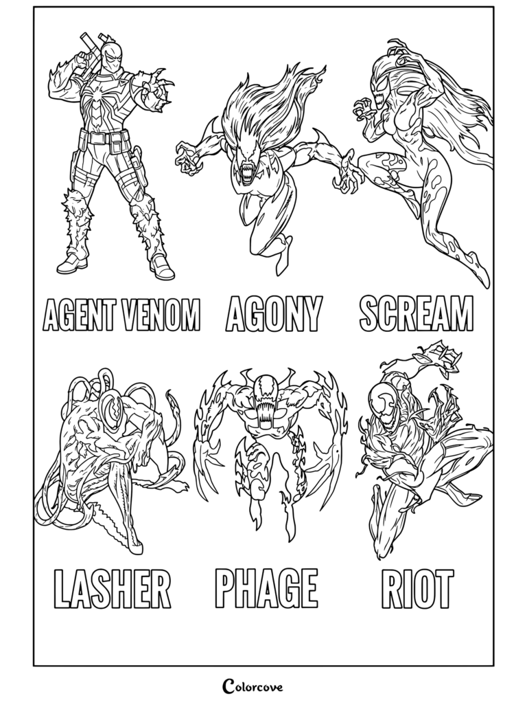 A printable coloring page featuring Venom And Symbiote characters Agent Venom, Agony, Scream, Lasher, Phage, and Riot in a grid layout.