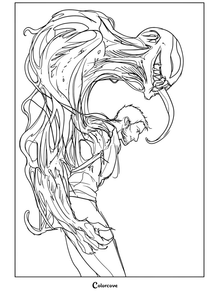 A coloring page of fan art depicting Eddie Brock and the alien symbiote Venom from Marvel Comics.