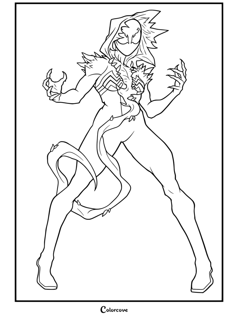 Gwenom coloring page featuring a popular mashup character combining Gwen Stacy from Earth-65 with the Venom symbiote for Venom And Symbiote fans.