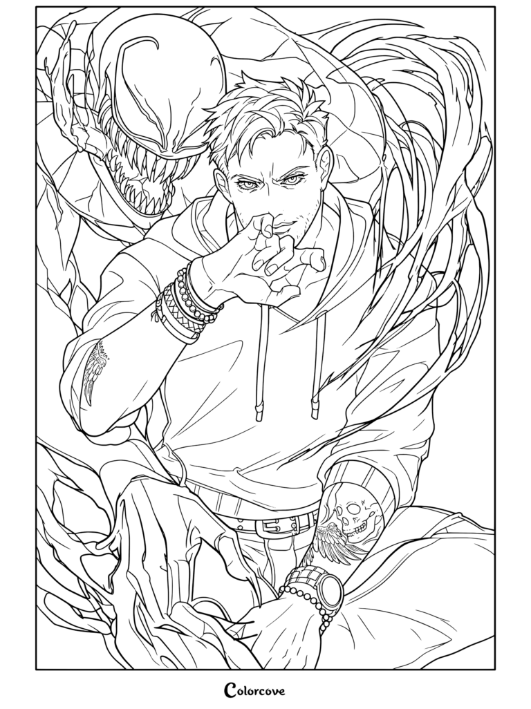 Venom And Symbiote coloring page featuring an anime-style digital fan art piece depicting Eddie Brock and his alien symbiote Venom from Marvel Comics, often referred to by fans of the pairing as Symbrock.