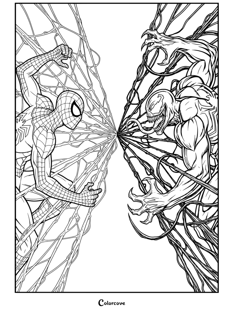 Spider-Man facing off against Venom, connected by a web-like design split down the middle in this Venom And Symbiote coloring page.