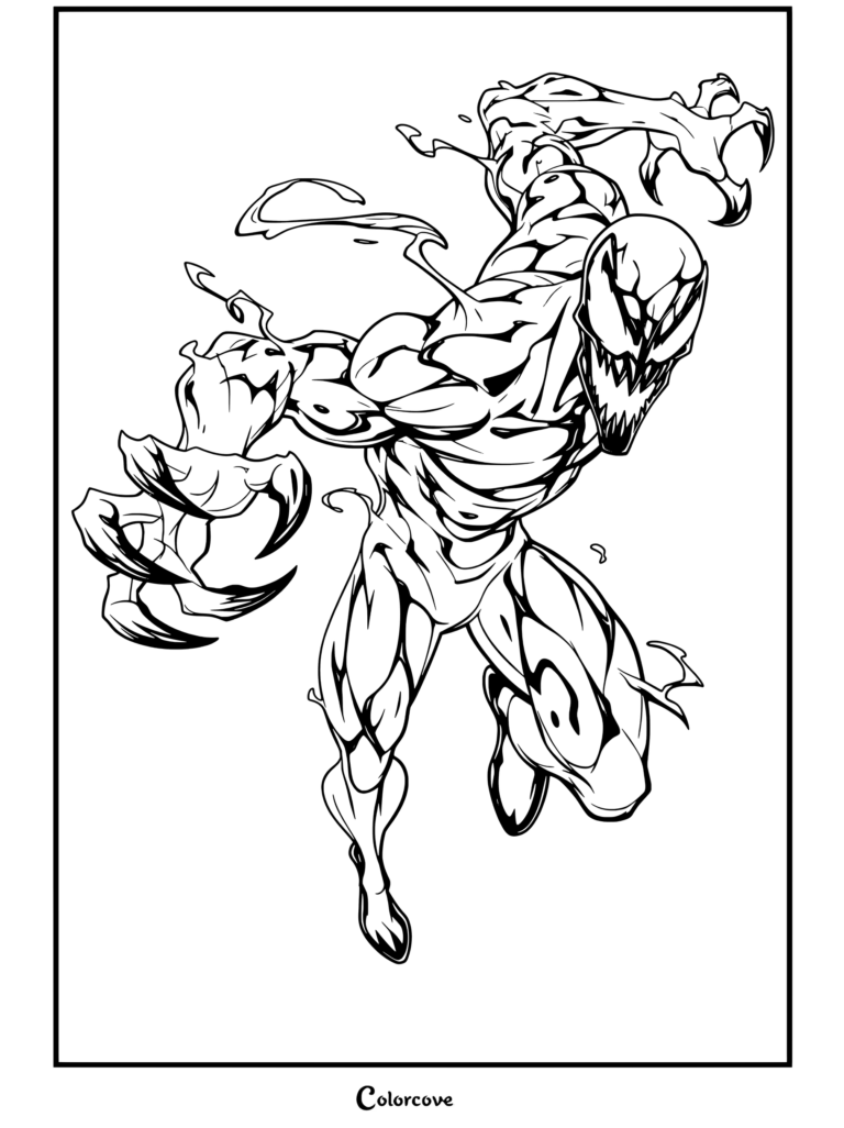 Carnage marvel symbiote character in dynamic attacking pose with sharp claws and toothy grin done coloring page showcasing Venom And Symbiote.