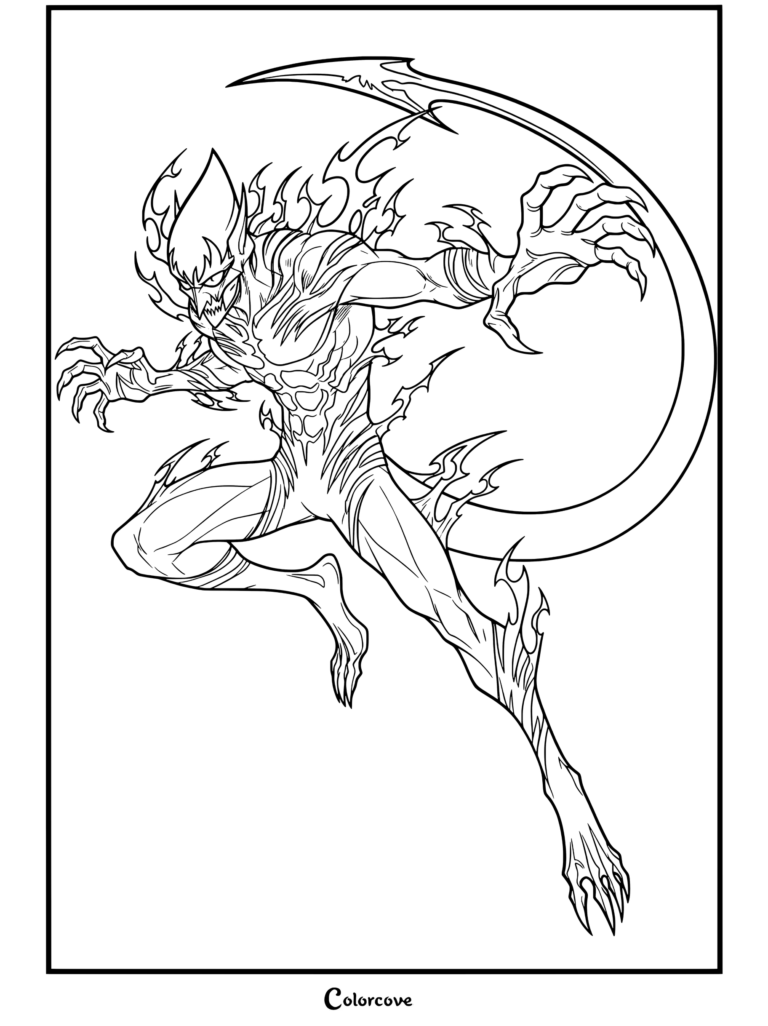 A detailed coloring page of Red Goblin, a terrifying fusion of Norman Osborn and the Carnage symbiote from Venom And Symbiote.