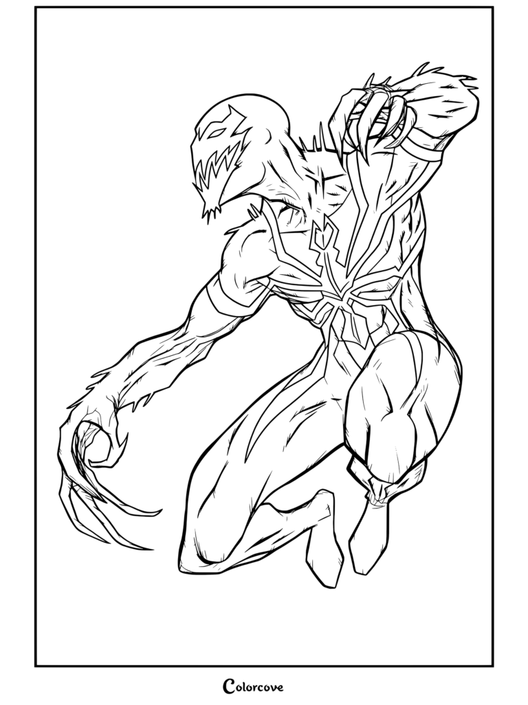 Printable coloring page of Anti-Venom, an artificial symbiote with white skin and a black spider symbol on the chest, focusing on the Venom And Symbiote theme.